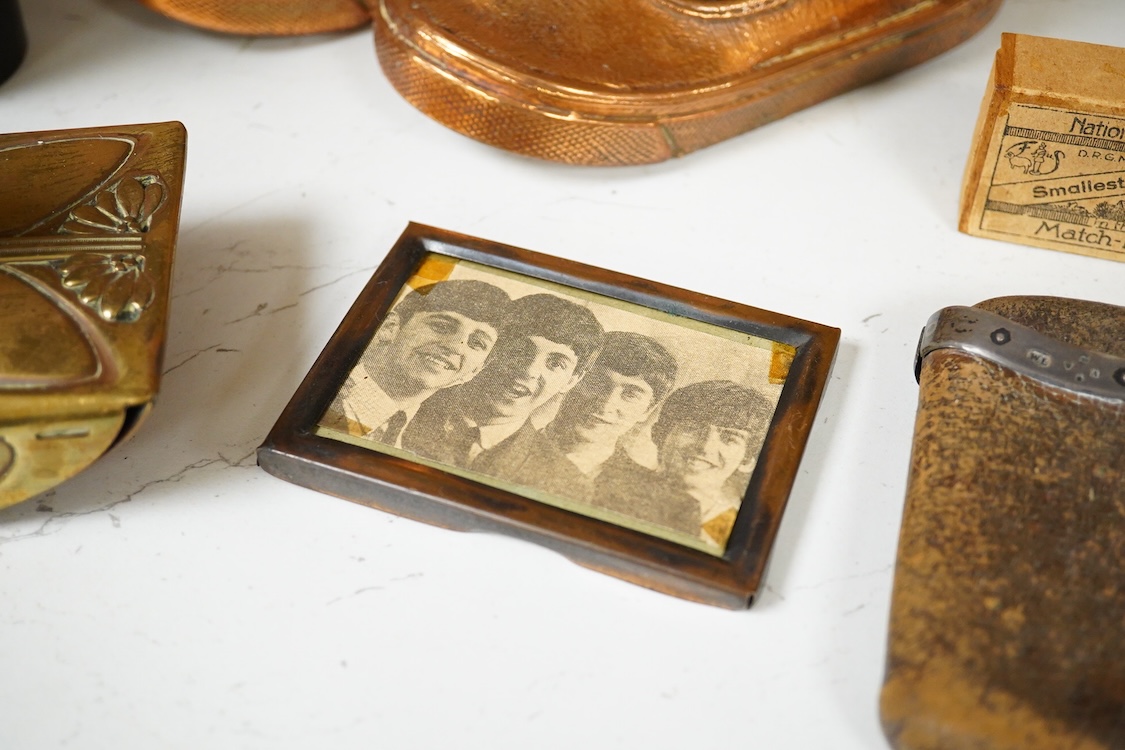 A collection of mixed metalware to include a copper plaque and brass ink blotter, together with a horn beaker